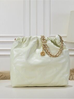 Quilted Drawstring Shoulder Bag in Off White with Gold Chain - without Charm